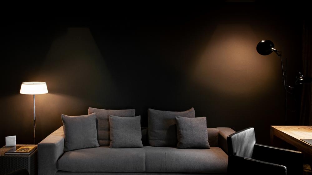 现代暗色调与灰色布料沙发客厅沙发上和墙上黑色现货照明灯具设计