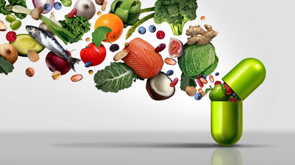营养补充剂和维生素补充剂为胶囊，含有水果、蔬菜、坚果和豆类在内的营养药丸，是一种天然的健康治疗药物